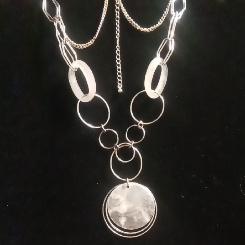 Silver Chain Necklace with Oval Lucite Accents & Natural Shell Pendant